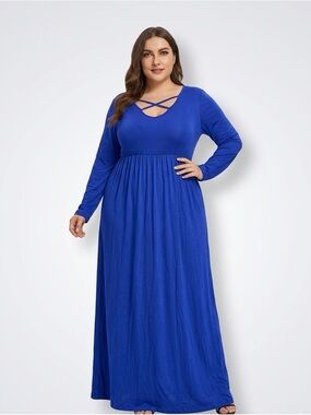 EZBELLE, Royal Blue Long Sleeve Maxi Dress with Crisscross Neckline - 2XL